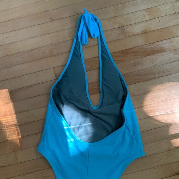 Blue V Neck Tie One Piece Bathing Suit - Picture 2 of 2